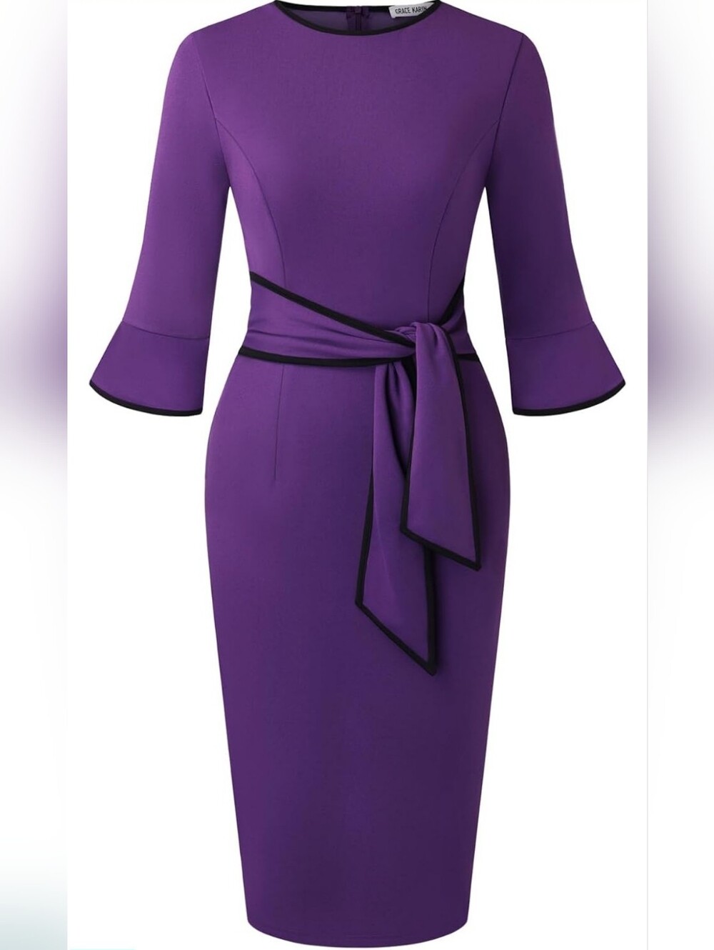 Grace Karin Purple Sheath Dress with Black Trim and Waist Tie
